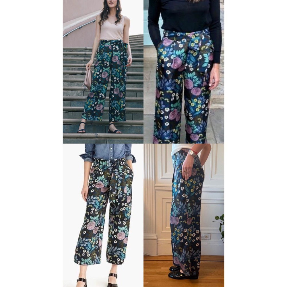 Abigail Borg for J.Crew 100% Silk Floral Wide Leg Pants Blue Pink 12 J4366